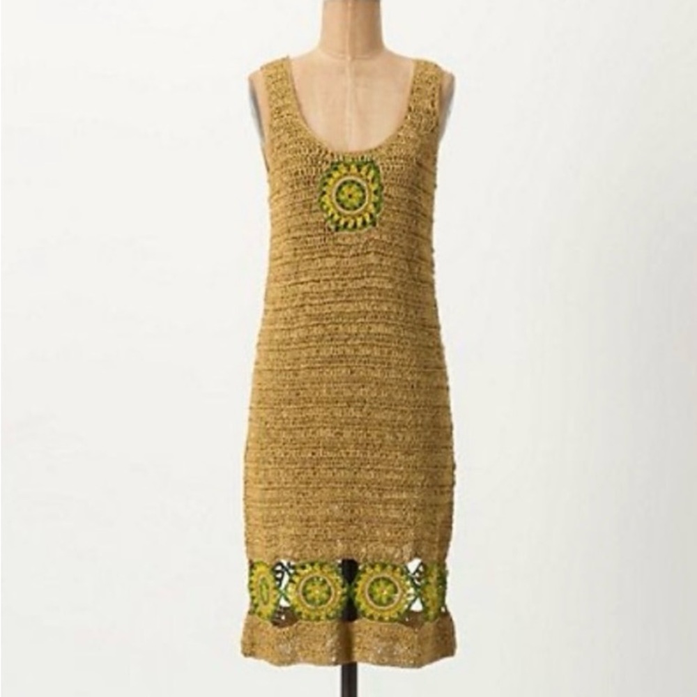 NWOT Anthropologie Yellow Green Knitted & Knotted Crochet Knitted Dress